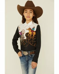 Roper Girls' Retro Border Print Western Rodeo Snap Shirt Black