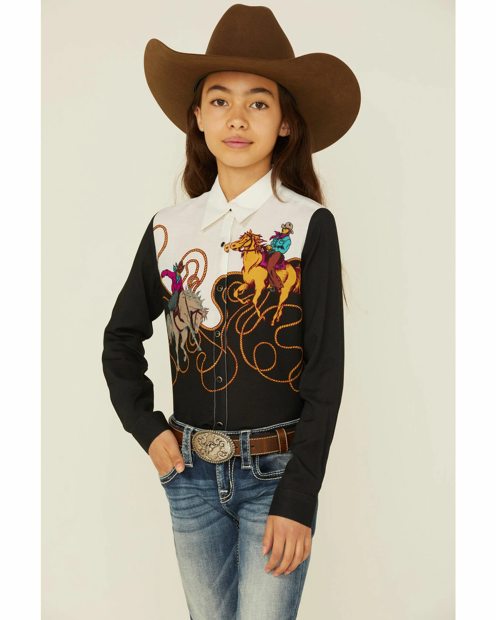 Roper Girls' Retro Border Print Western Rodeo Snap Shirt Black 3 Roper Girls' Retro Border Print Western Rodeo Snap Shirt Black