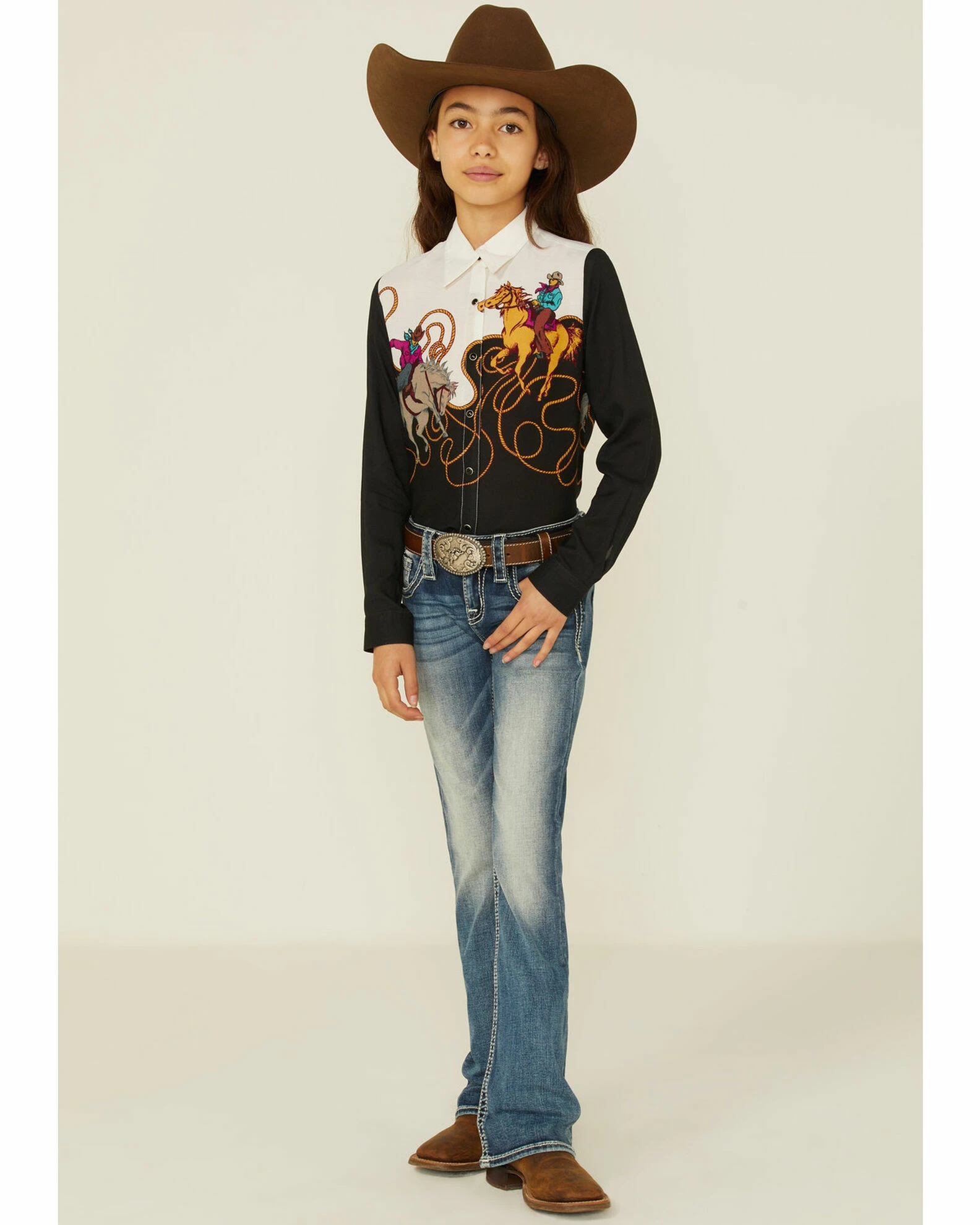 Roper Girls' Retro Border Print Western Rodeo Snap Shirt Black 4 Roper Girls' Retro Border Print Western Rodeo Snap Shirt Black - Image 2