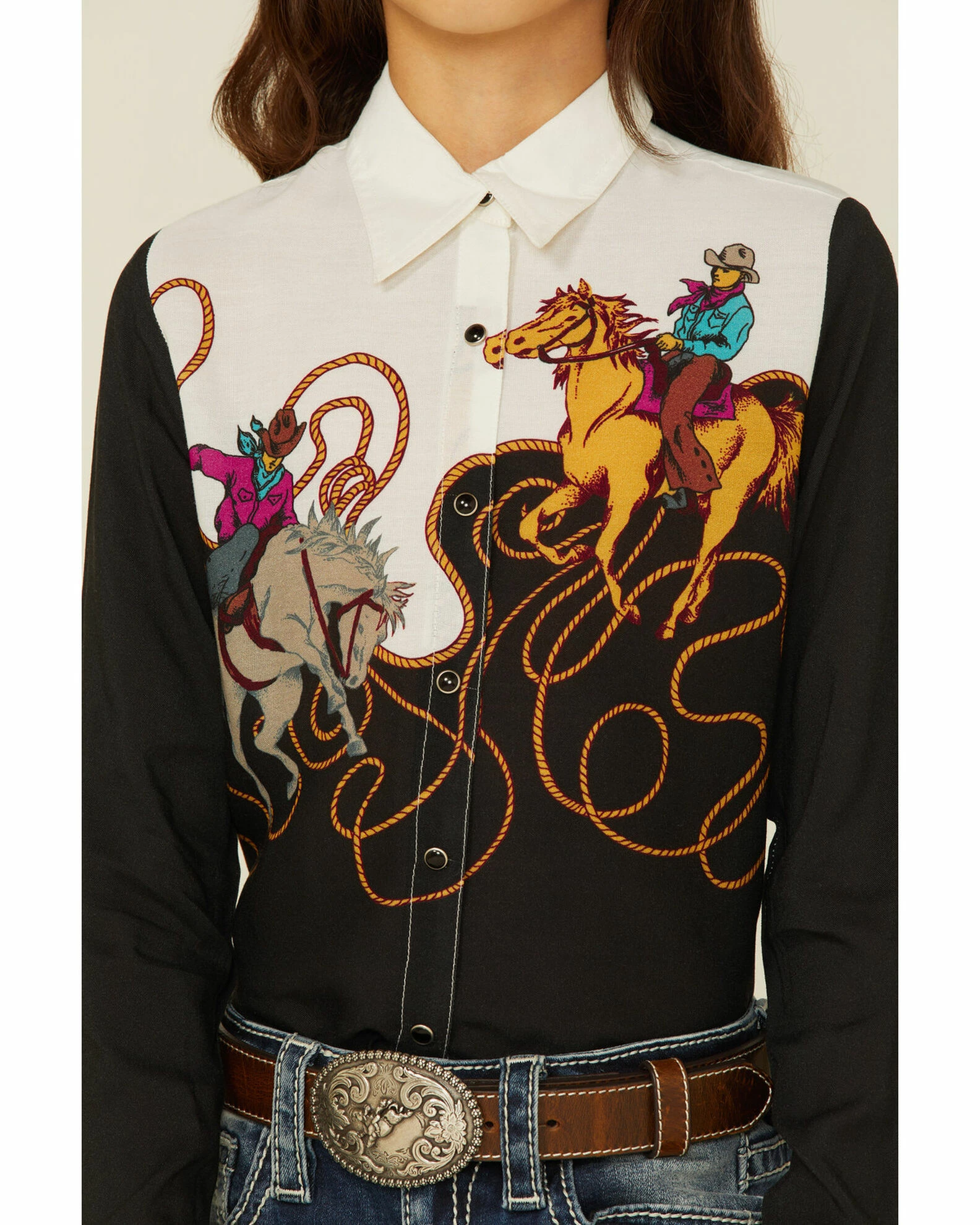 Roper Girls' Retro Border Print Western Rodeo Snap Shirt Black 5 Roper Girls' Retro Border Print Western Rodeo Snap Shirt Black - Image 3