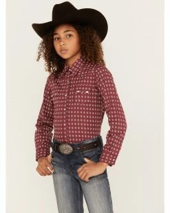 Roper Girls' Geo Print Long Sleeve Performance Snap Western Shirt Red