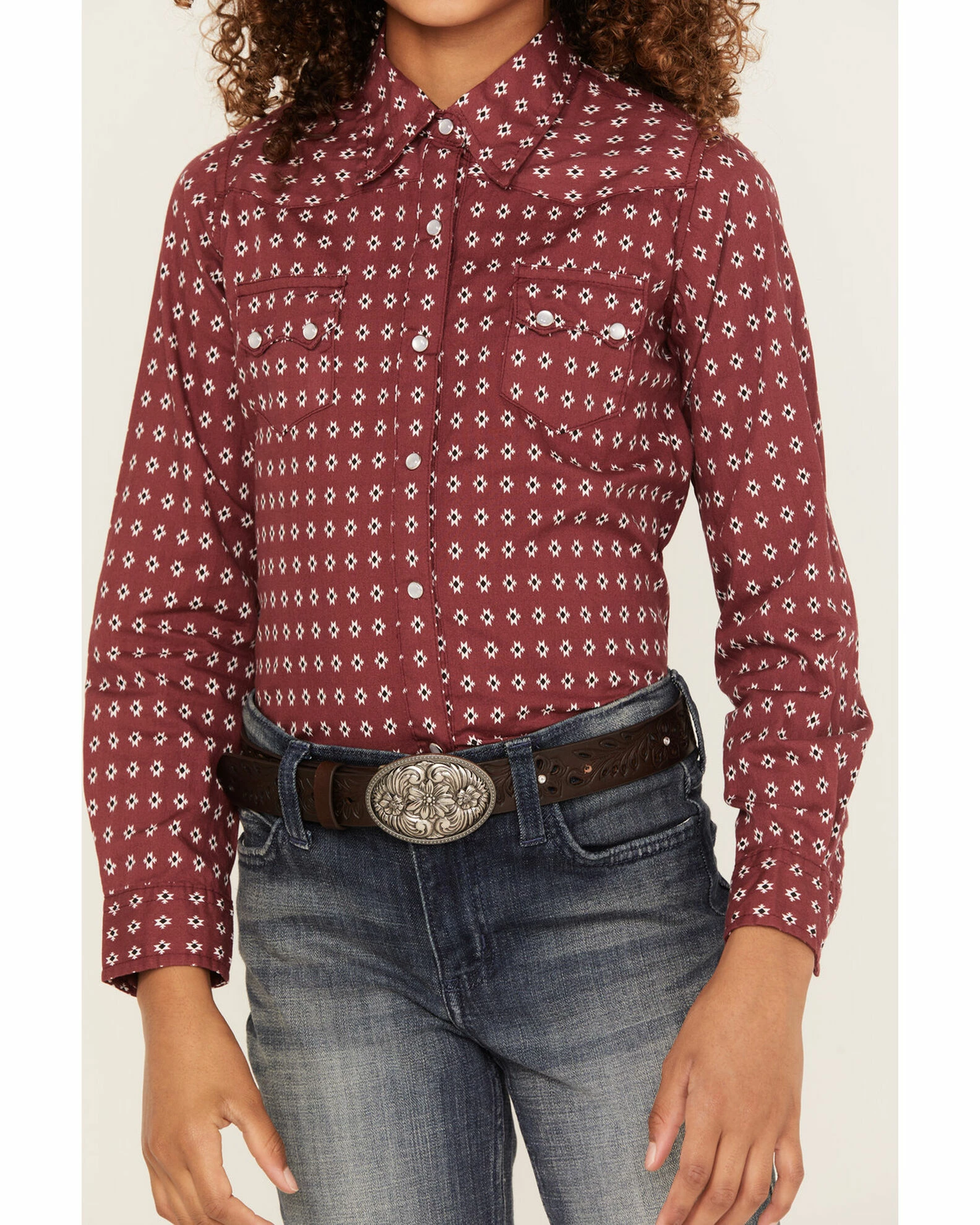 Roper Girls' Geo Print Long Sleeve Performance Snap Western Shirt Red 5 Roper Girls' Geo Print Long Sleeve Performance Snap Western Shirt Red - Image 3