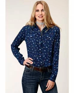Roper Women's Blue Rayon Horse Print Long Sleeve Snap Western Shirt 