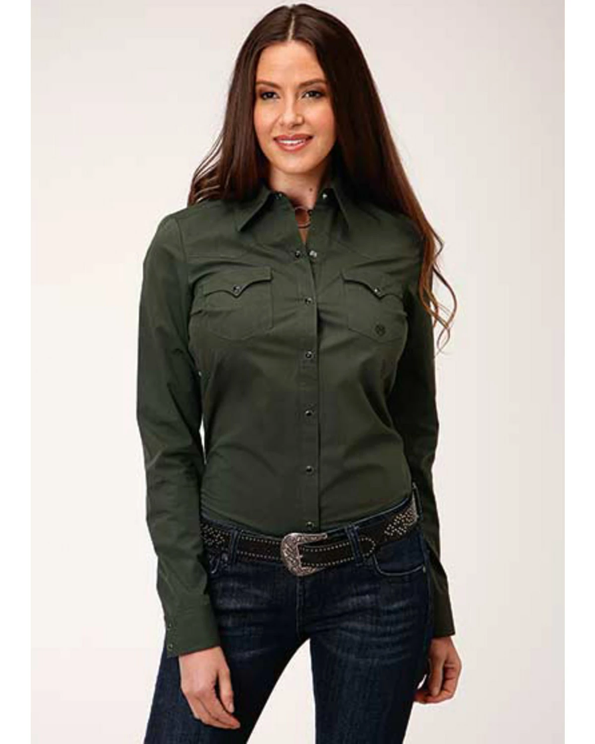 Roper Women's Solid Redwood Long Sleeve Snap Western Shirt Green 5 Roper Women's Solid Redwood Long Sleeve Snap Western Shirt Green - Image 3