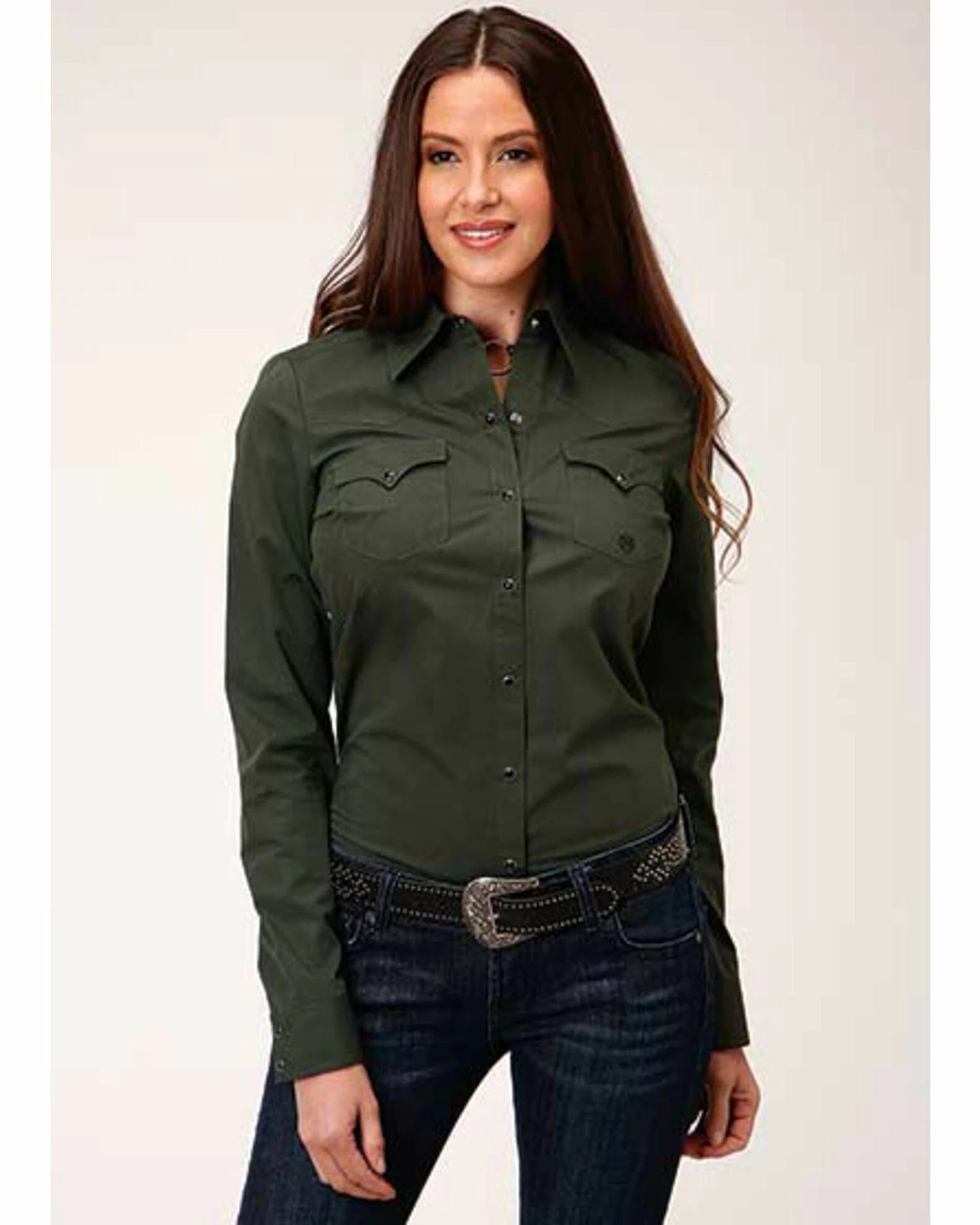 Roper Women's Solid Redwood Long Sleeve Snap Western Shirt Green 3 Roper Women's Solid Redwood Long Sleeve Snap Western Shirt Green