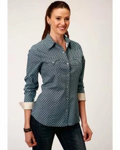 Roper Women's Southwestern Print Snap Long Sleeve Western Shirt Blue -Roper Shop 2000360001 400 P1 1