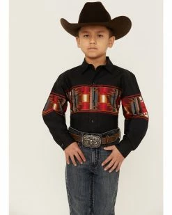 Roper Boys' Southwestern Snap Long Sleeve Western Shirt Black