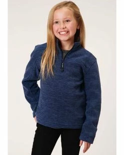 Roper Girls' Long Sleeve Melange Navy Blue Microfleece Pullover 