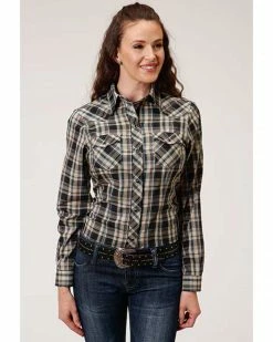 Roper Women's Long Sleeve Black & Cream Plaid Snap Shirt Green -Roper Shop 2000360031 300 P1 1