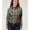 Roper Women's Long Sleeve Black & Cream Plaid Snap Shirt Green -Roper Shop 2000360031 300 P1