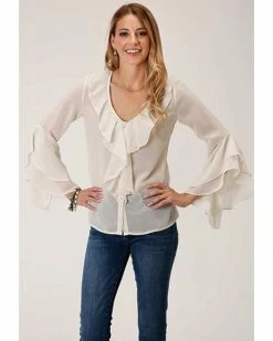 Roper Women’s White Long Sleeve Georgette Ruffle Blouse For Women's -Roper Shop 2000360038 100 P1 1