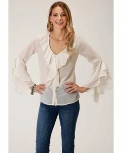 Roper Women’s White Long Sleeve Georgette Ruffle Blouse For Women's