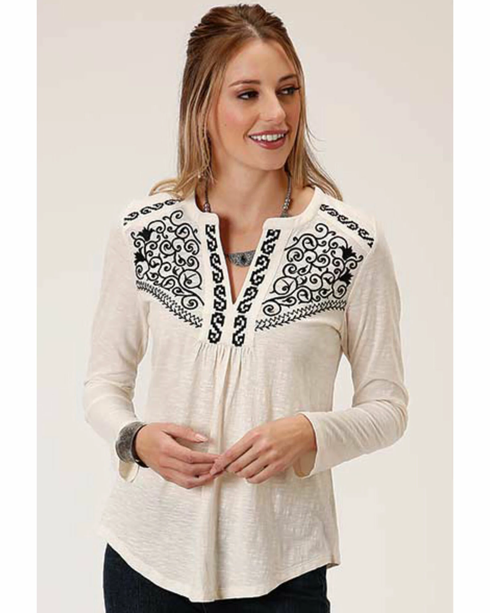 Roper Women's Long Sleeve Cream Embroidered Top White 3 Roper Women's Long Sleeve Cream Embroidered Top White