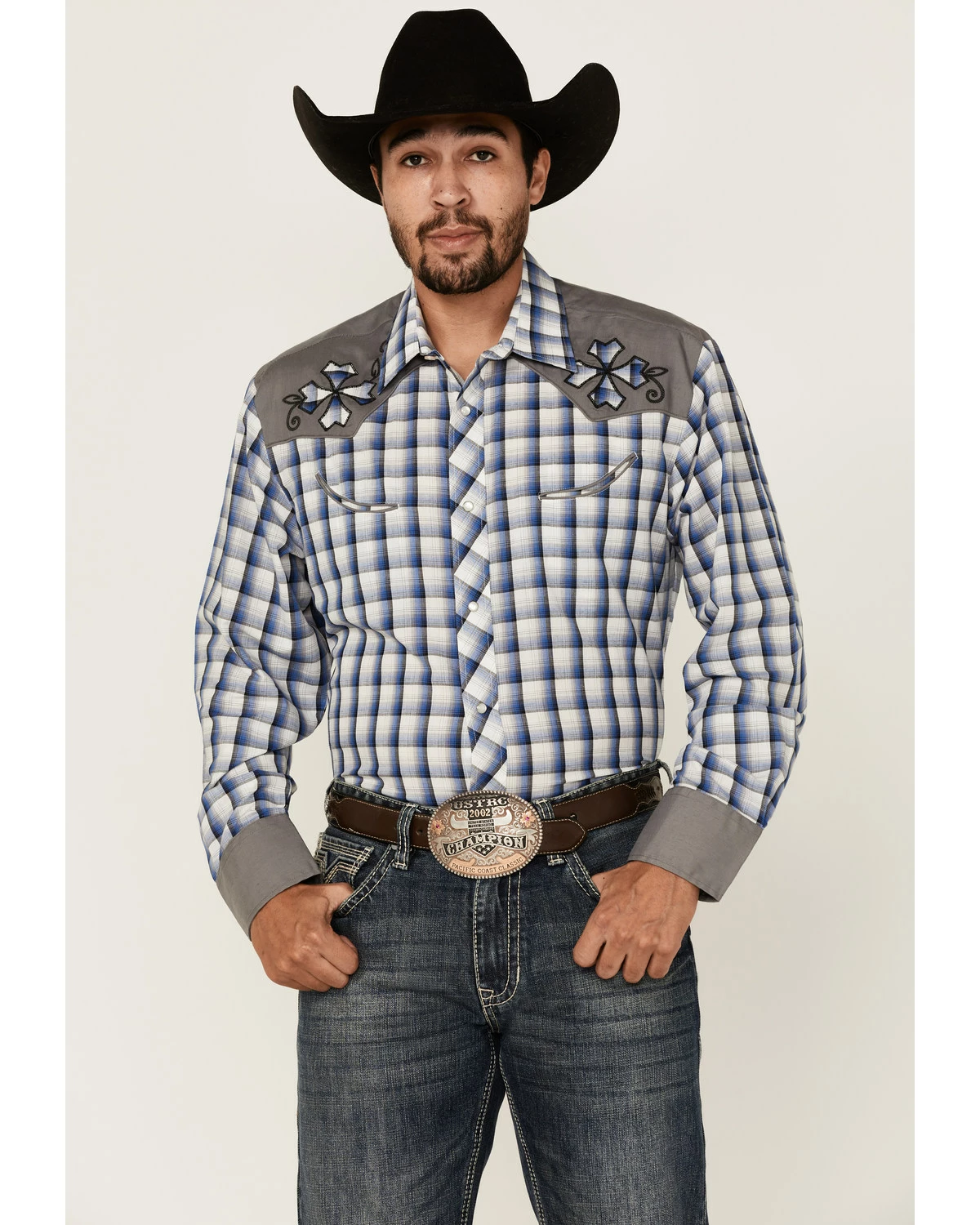 Roper Men's Blue Check Embroidered Plaid Long Sleeve Snap Western Shirt 7 Roper Men's Blue Check Embroidered Plaid Long Sleeve Snap Western Shirt - Image 5