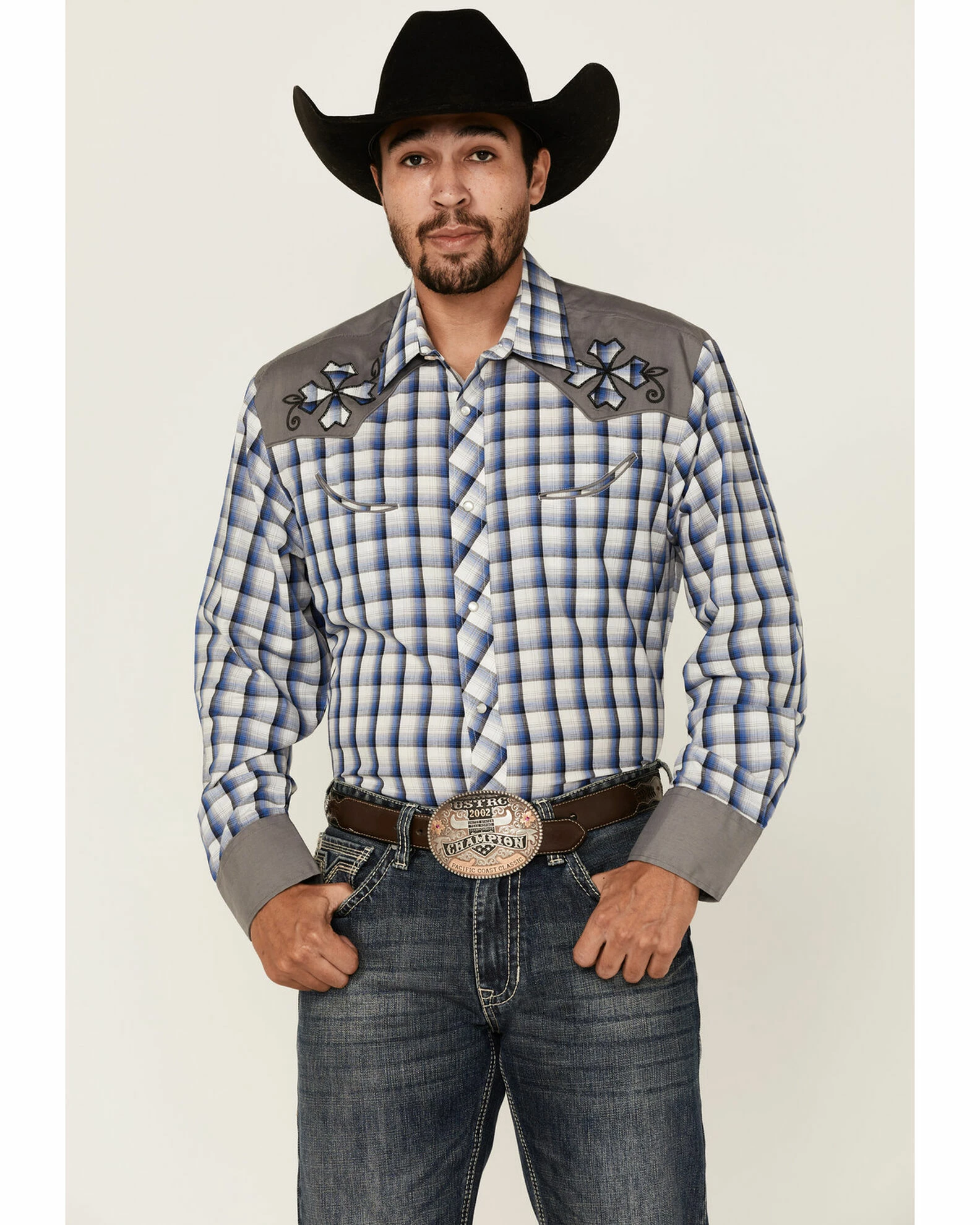 Roper Men's Blue Check Embroidered Plaid Long Sleeve Snap Western Shirt 3 Roper Men's Blue Check Embroidered Plaid Long Sleeve Snap Western Shirt