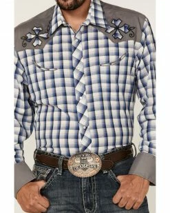 Roper Men's Blue Check Embroidered Plaid Long Sleeve Snap Western Shirt 9 Roper Men's Blue Check Embroidered Plaid Long Sleeve Snap Western Shirt -Roper Shop 2000362617 400 P3