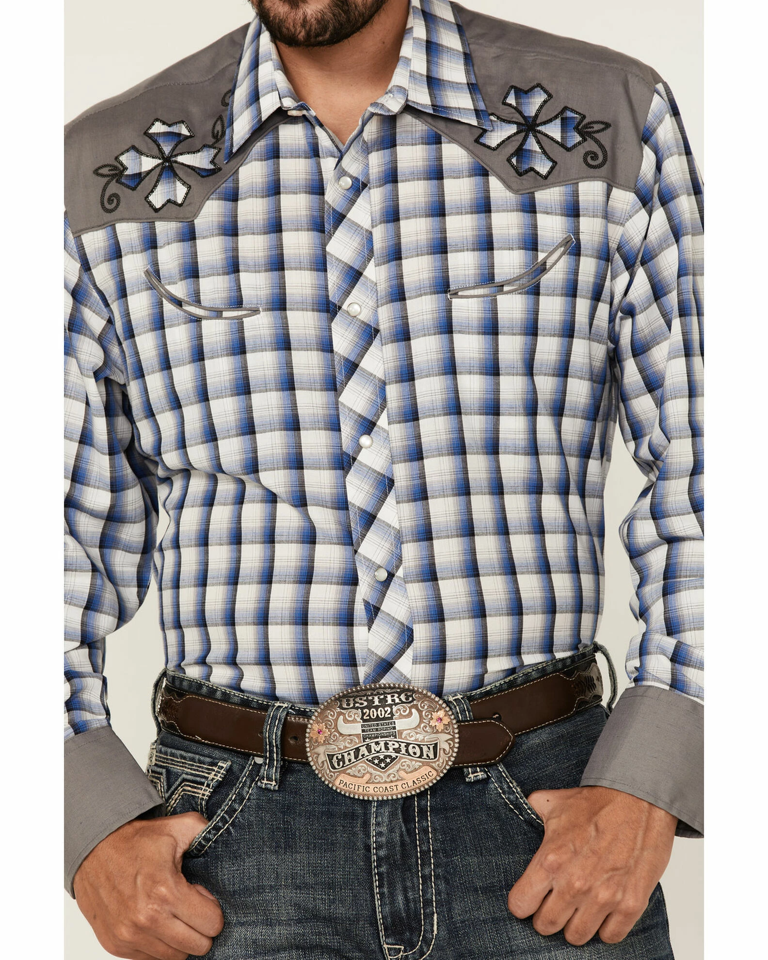 Roper Men's Blue Check Embroidered Plaid Long Sleeve Snap Western Shirt 5 Roper Men's Blue Check Embroidered Plaid Long Sleeve Snap Western Shirt - Image 3