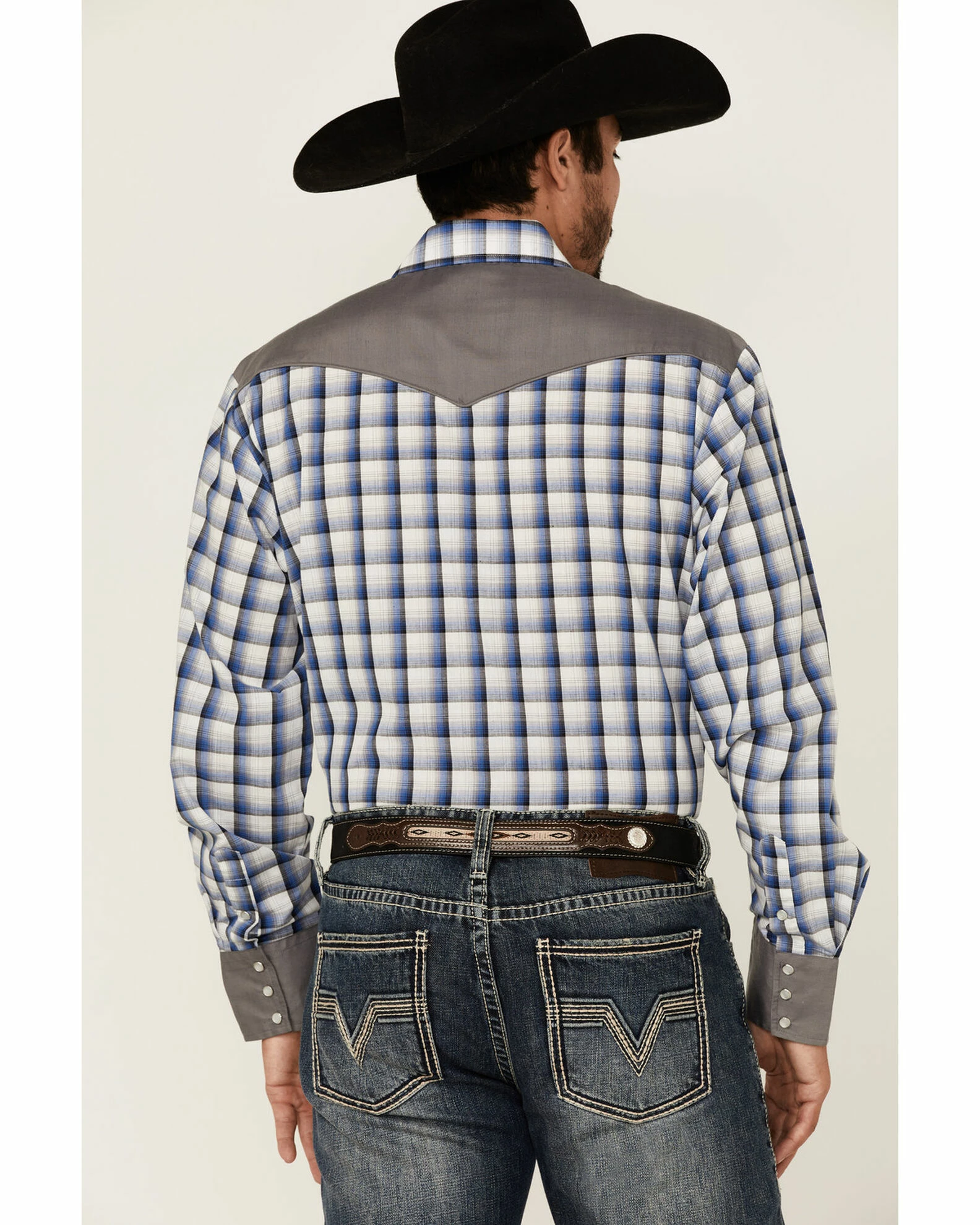 Roper Men's Blue Check Embroidered Plaid Long Sleeve Snap Western Shirt 6 Roper Men's Blue Check Embroidered Plaid Long Sleeve Snap Western Shirt - Image 4