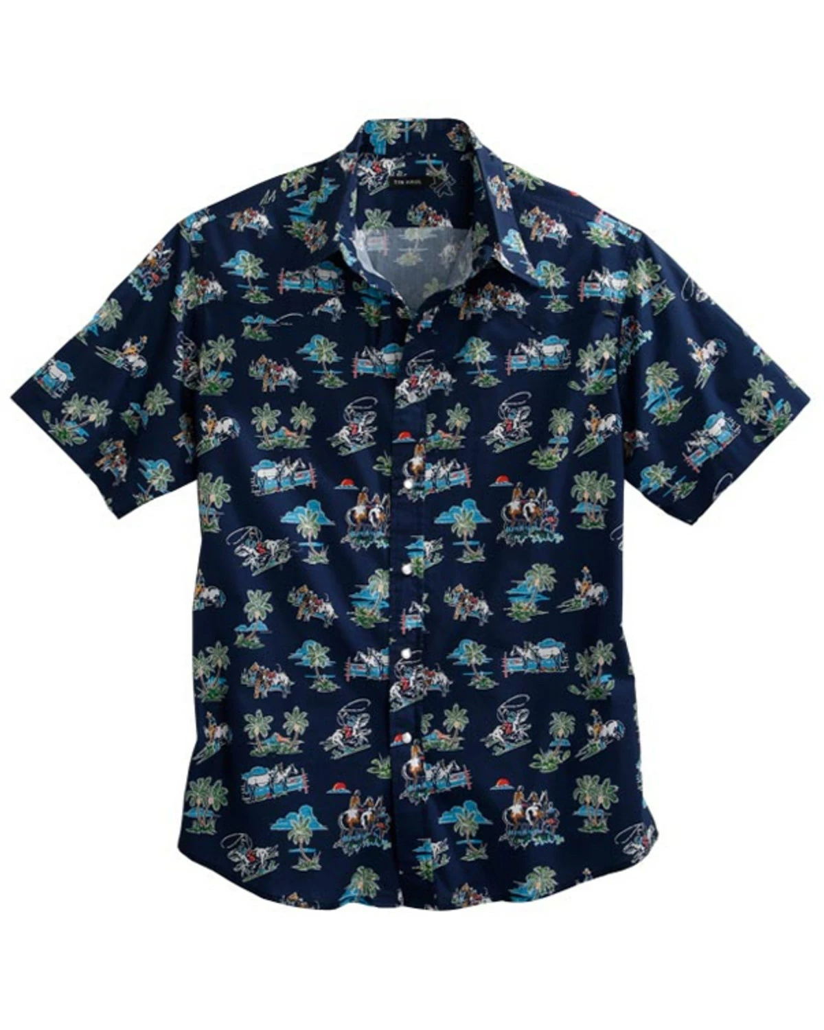 Roper Men's Blue Cowboy Tropics Print Short Sleeve Snap Western Shirt 4 Roper Men's Blue Cowboy Tropics Print Short Sleeve Snap Western Shirt - Image 2