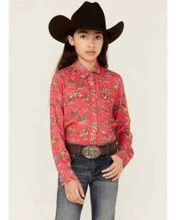 Roper Girls' Five Star Floral Horse Print Long Sleeve Western Snap Shirt Red