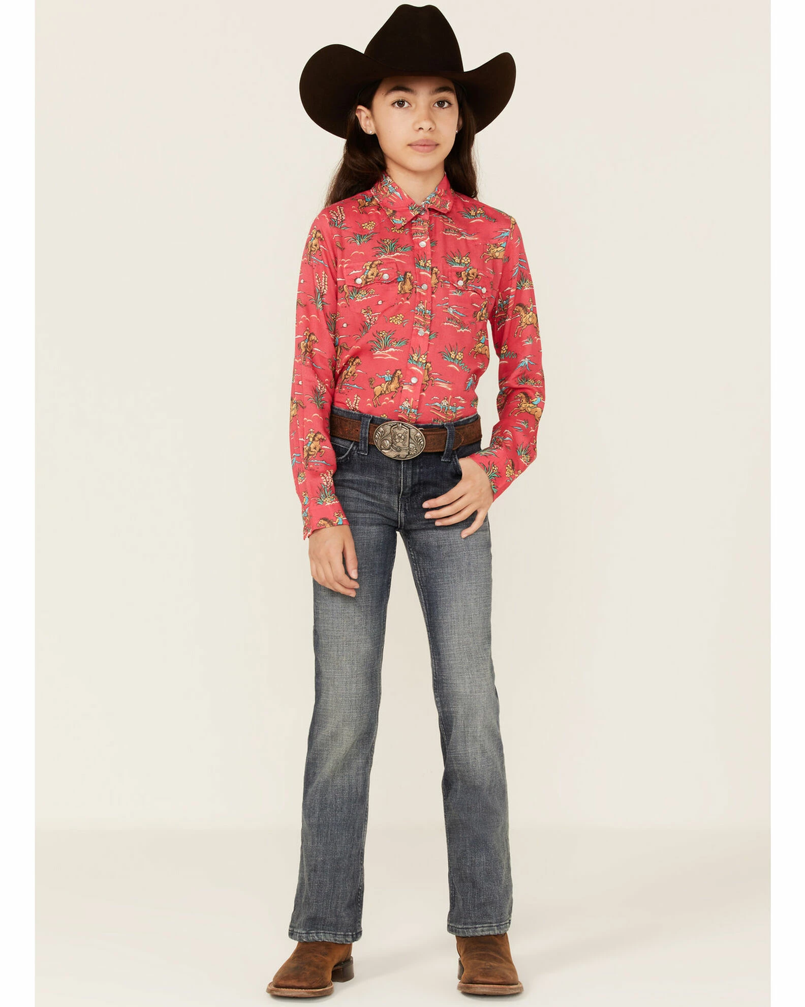 Roper Girls' Five Star Floral Horse Print Long Sleeve Western Snap Shirt Red 4 Roper Girls' Five Star Floral Horse Print Long Sleeve Western Snap Shirt Red - Image 2