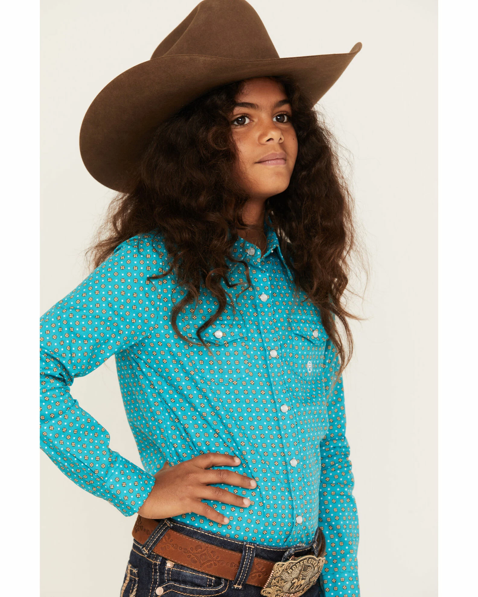 Roper Girls' Geo Print Long Sleeve Snap Western Shirt Blue 4 Roper Girls' Geo Print Long Sleeve Snap Western Shirt Blue - Image 2
