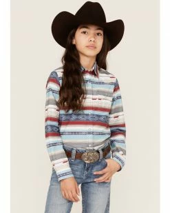 Roper Girls' West Made Southwestern Stripe Print Long Sleeve Western Snap Shirt Multi