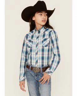 Roper Girls' West Made Plaid Print Long Sleeve Western Snap Shirt Blue