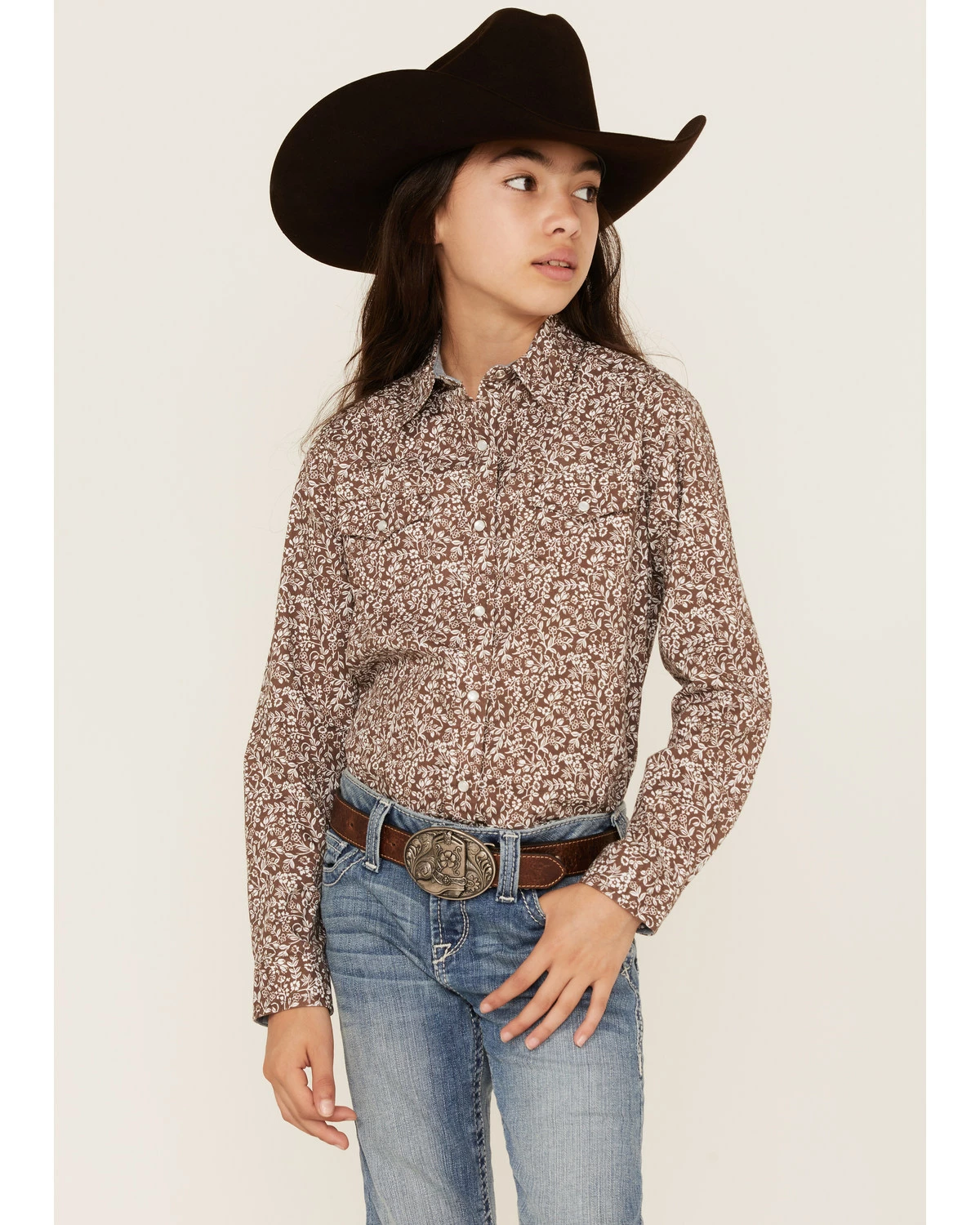 Roper Girls' West Made Floral Print Long Sleeve Western Snap Shirt Brown 7 Roper Girls' West Made Floral Print Long Sleeve Western Snap Shirt Brown - Image 5
