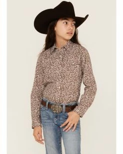 Roper Girls' West Made Floral Print Long Sleeve Western Snap Shirt Brown