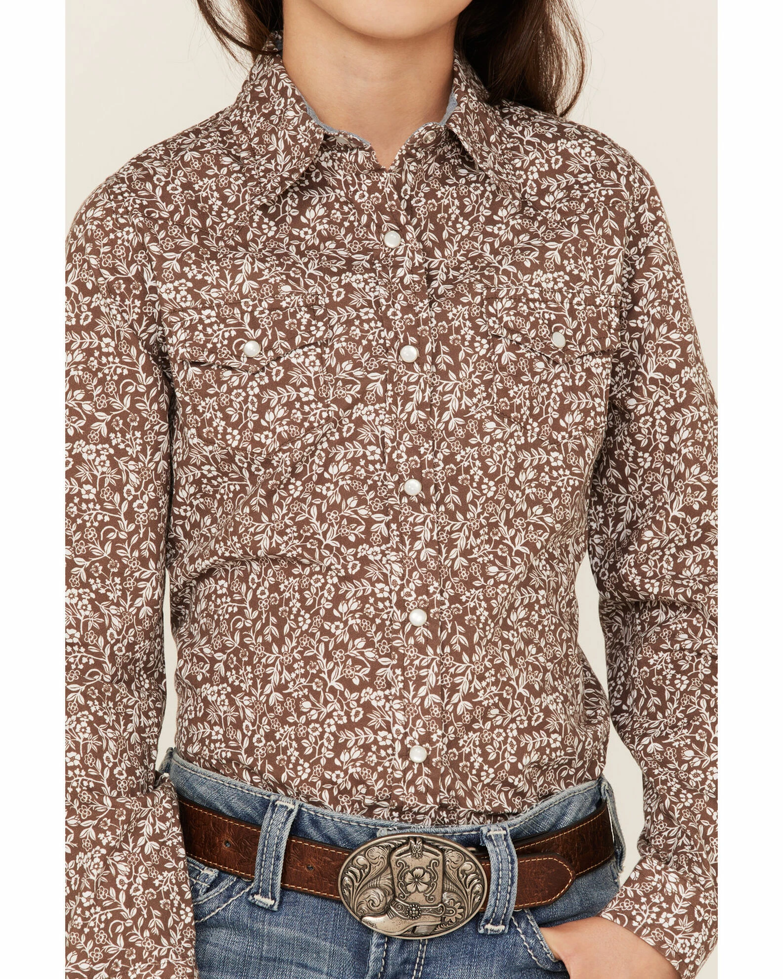Roper Girls' West Made Floral Print Long Sleeve Western Snap Shirt Brown 5 Roper Girls' West Made Floral Print Long Sleeve Western Snap Shirt Brown - Image 3