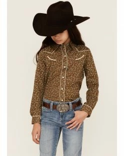 Roper Girls' Floral Print Long Sleeve Western Snap Shirt Brown