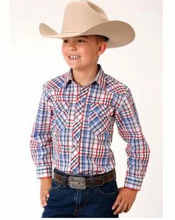 Roper Boys' Classic Plaid Print Long Sleeve Western Snap Shirt Red