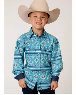 Roper Boys' Southwestern Stripe Print Long Sleeve Western Snap Shirt Blue