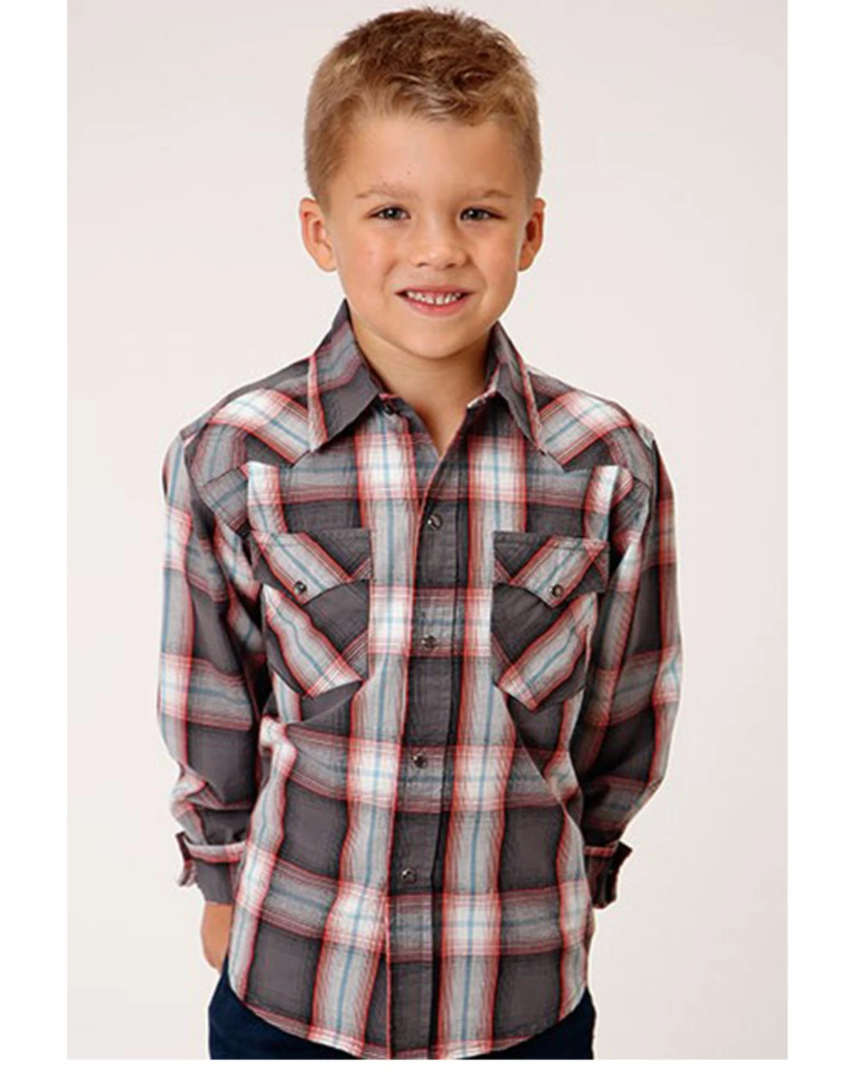 Roper Boys' Plaid Print Long Sleeve Western Snap Shirt Grey 5 Roper Boys' Plaid Print Long Sleeve Western Snap Shirt Grey - Image 3