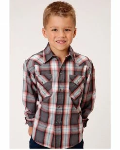 Roper Boys' Plaid Print Long Sleeve Western Snap Shirt Grey