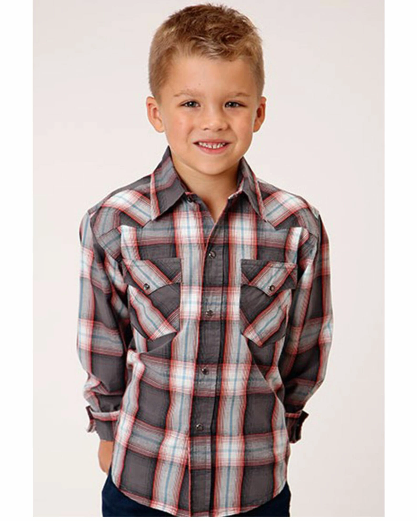 Roper Boys' Plaid Print Long Sleeve Western Snap Shirt Grey 3 Roper Boys' Plaid Print Long Sleeve Western Snap Shirt Grey