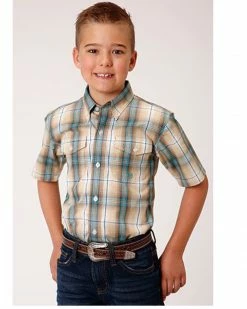 Roper Boys' Amarillo Plaid Print Short Sleeve Western Button-Down Shirt Tan -Roper Shop 2000366514 280 P1 1
