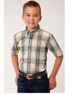 Roper Boys' Amarillo Plaid Print Short Sleeve Western Button-Down Shirt Tan