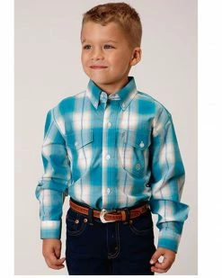 Roper Boys' Amarillo Saddle Plaid Print Long Sleeve Button-Down Western Shirt Blue -Roper Shop 2000366515 400 P1 1