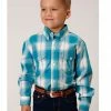 Roper Boys' Amarillo Saddle Plaid Print Long Sleeve Button-Down Western Shirt Blue -Roper Shop 2000366515 400 P1