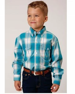 Roper Boys' Amarillo Saddle Plaid Print Long Sleeve Button-Down Western Shirt Blue