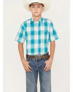 Roper Boys' Amarillo Saddle Plaid Print Short Sleeve Snap Western Shirt Blue 7 Roper Boys' Amarillo Saddle Plaid Print Short Sleeve Snap Western Shirt Blue -Roper Shop 2000366516 400 P1 1