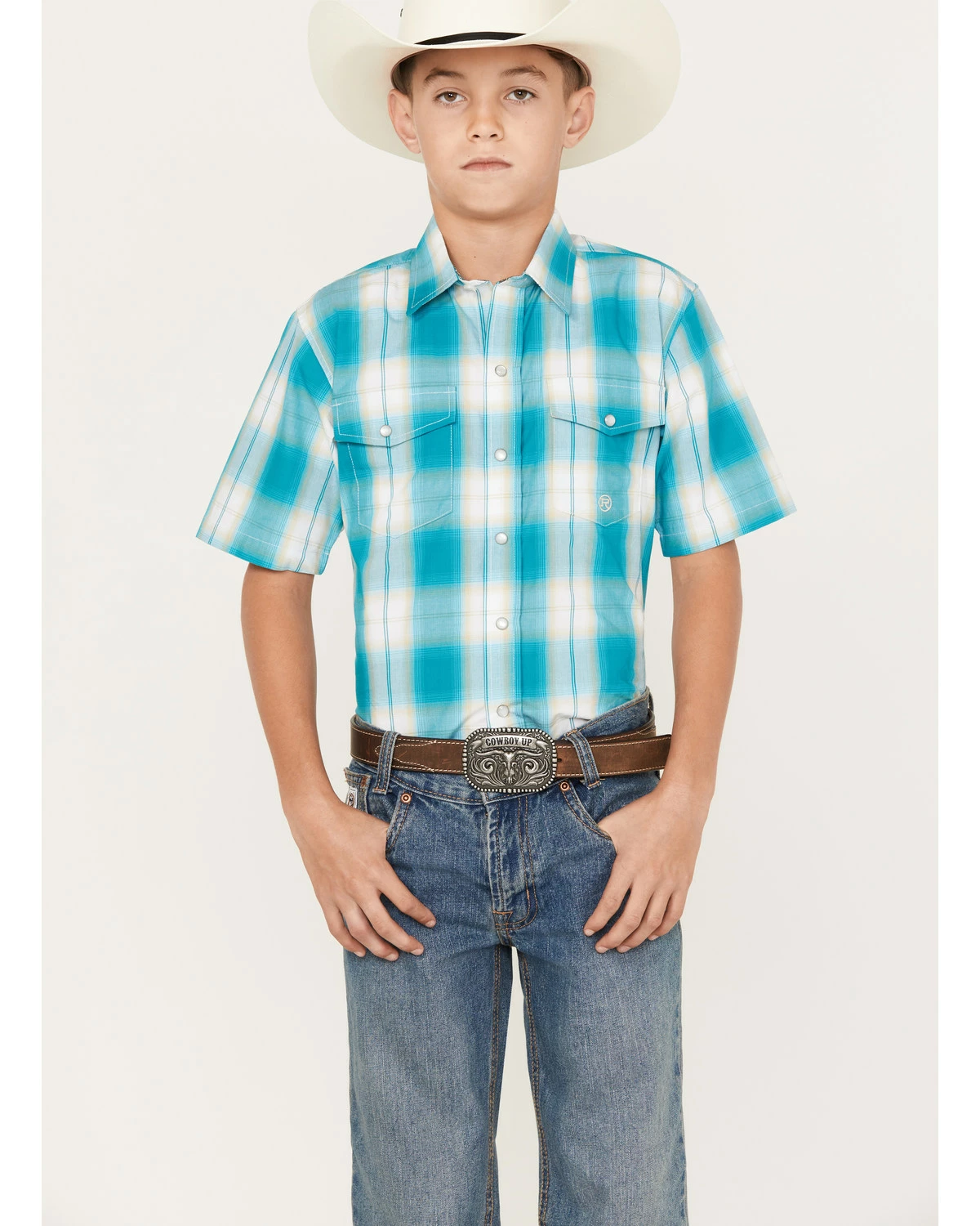 Roper Boys' Amarillo Saddle Plaid Print Short Sleeve Snap Western Shirt Blue 5 Roper Boys' Amarillo Saddle Plaid Print Short Sleeve Snap Western Shirt Blue - Image 3