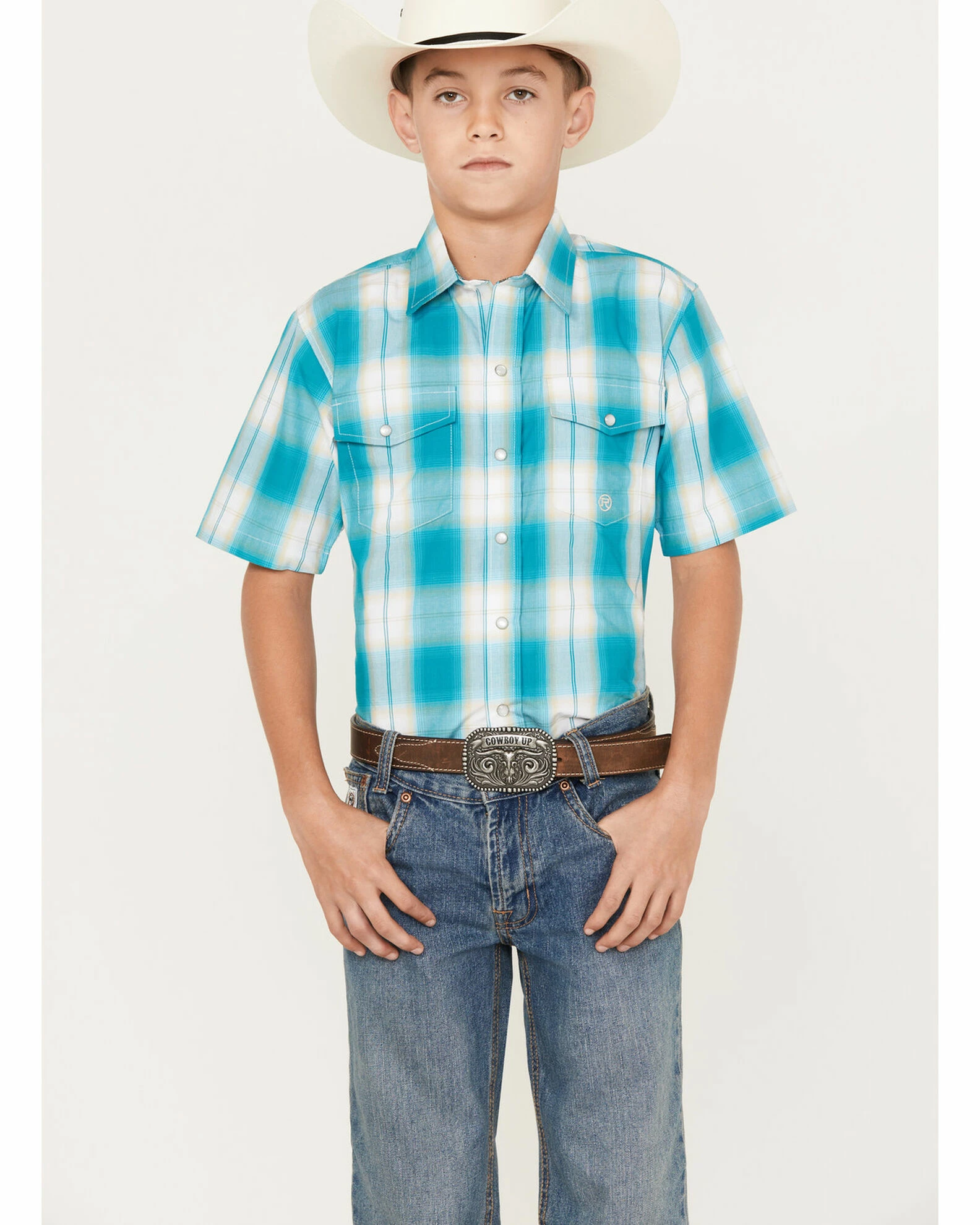 Roper Boys' Amarillo Saddle Plaid Print Short Sleeve Snap Western Shirt Blue 3 Roper Boys' Amarillo Saddle Plaid Print Short Sleeve Snap Western Shirt Blue