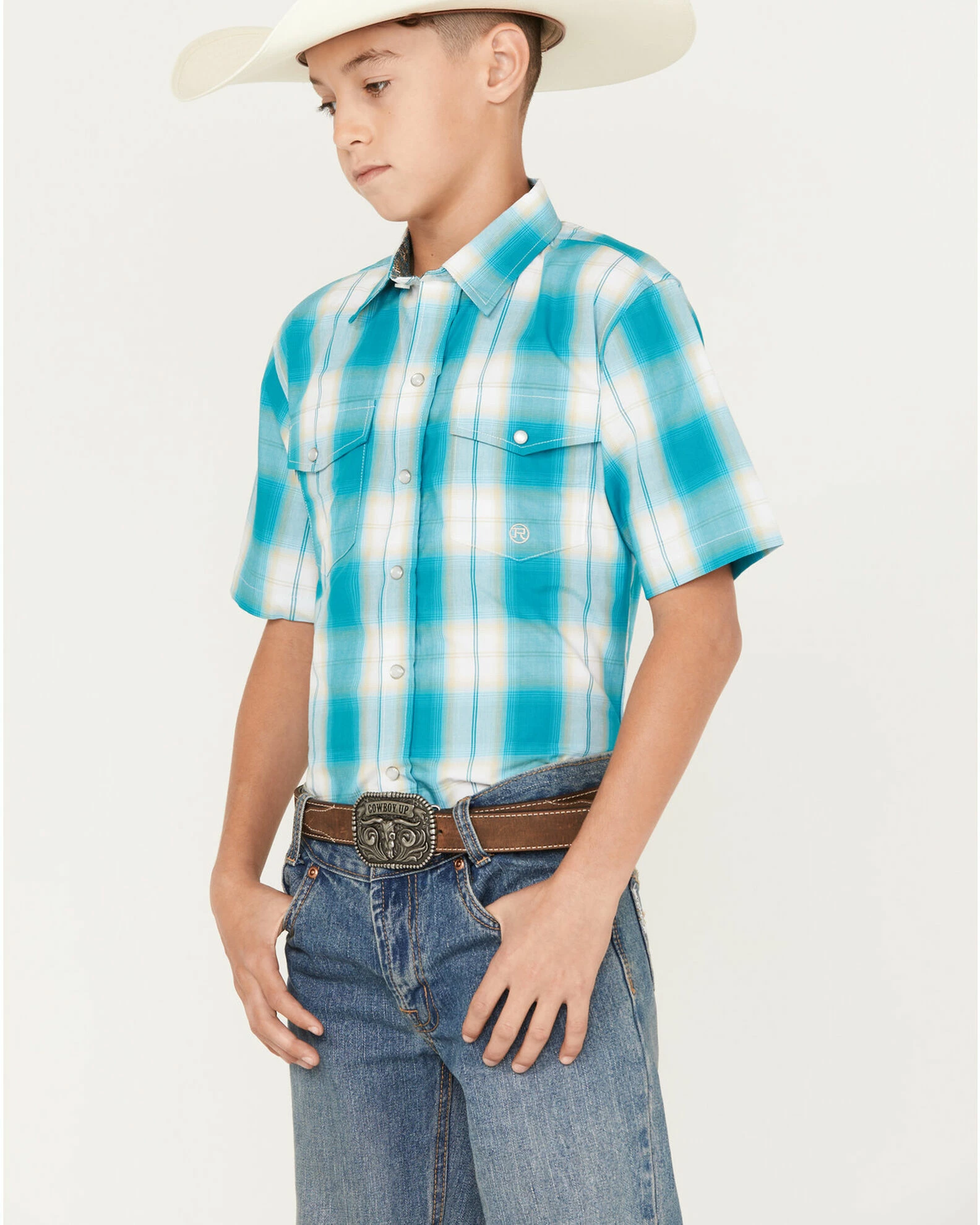 Roper Boys' Amarillo Saddle Plaid Print Short Sleeve Snap Western Shirt Blue 4 Roper Boys' Amarillo Saddle Plaid Print Short Sleeve Snap Western Shirt Blue - Image 2