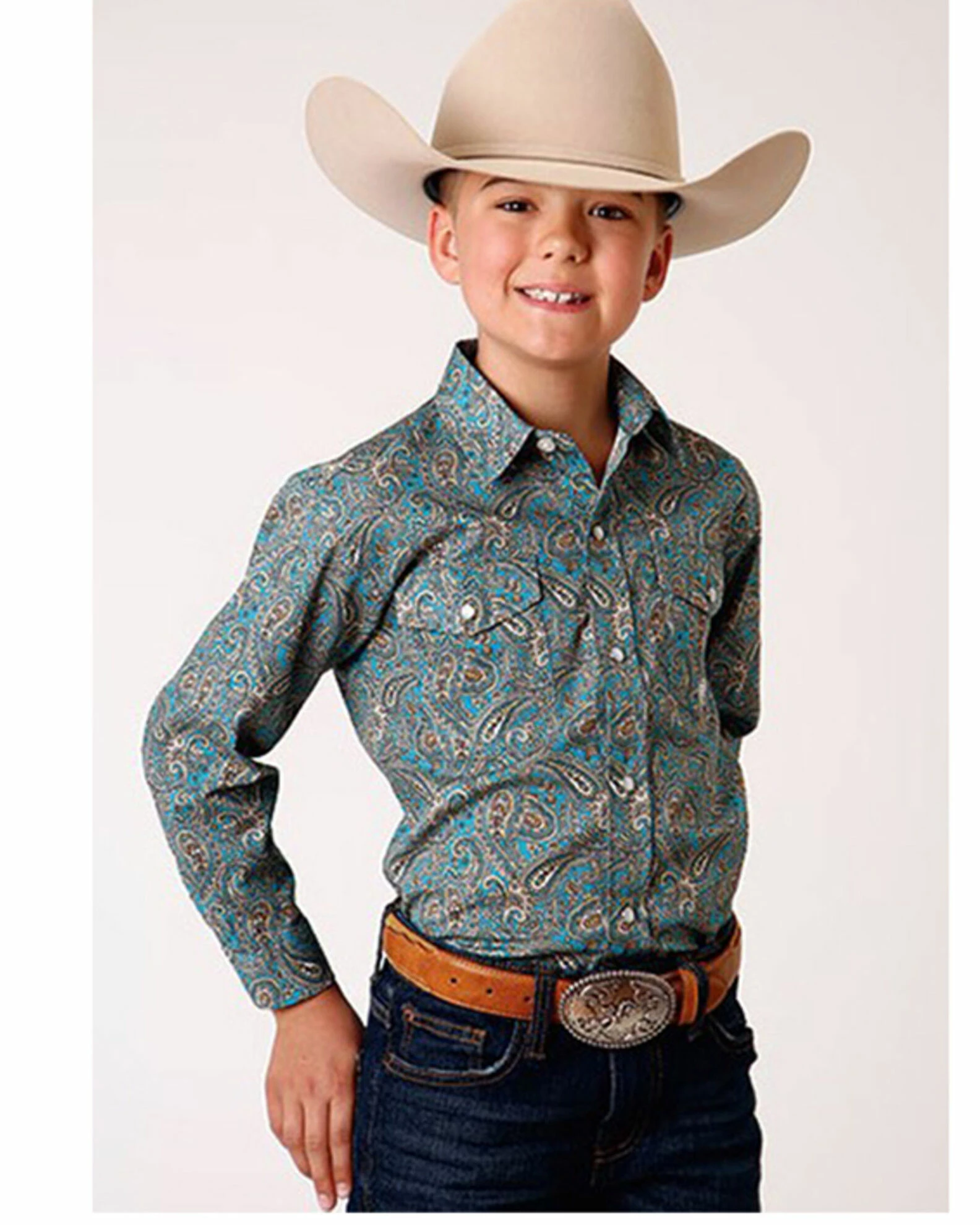 Roper Boys' Amarillo Paisley Print Long Sleeve Western Snap Shirt Blue 3 Roper Boys' Amarillo Paisley Print Long Sleeve Western Snap Shirt Blue