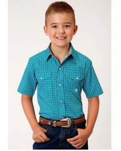 Roper Boys' Amarillo Saddle Geo Western Shirt Blue -Roper Shop 2000366518 400 P1 1