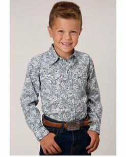 Roper Boys' Paisley Print Long Sleeve Western Snap Shirt Blue