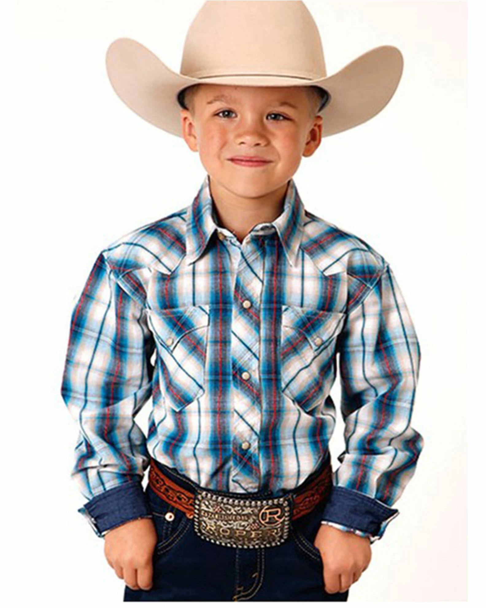 Roper Boys' Plaid Print Long Sleeve Western Snap Shirt Blue 3 Roper Boys' Plaid Print Long Sleeve Western Snap Shirt Blue